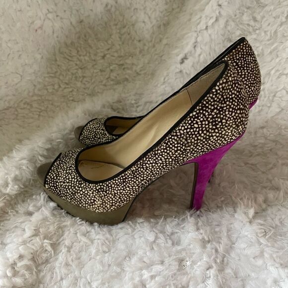 Enzo Angiolini leather calf hair beige and brown platform mauve suede heelsSZ8.5 - Picture 1 of 10